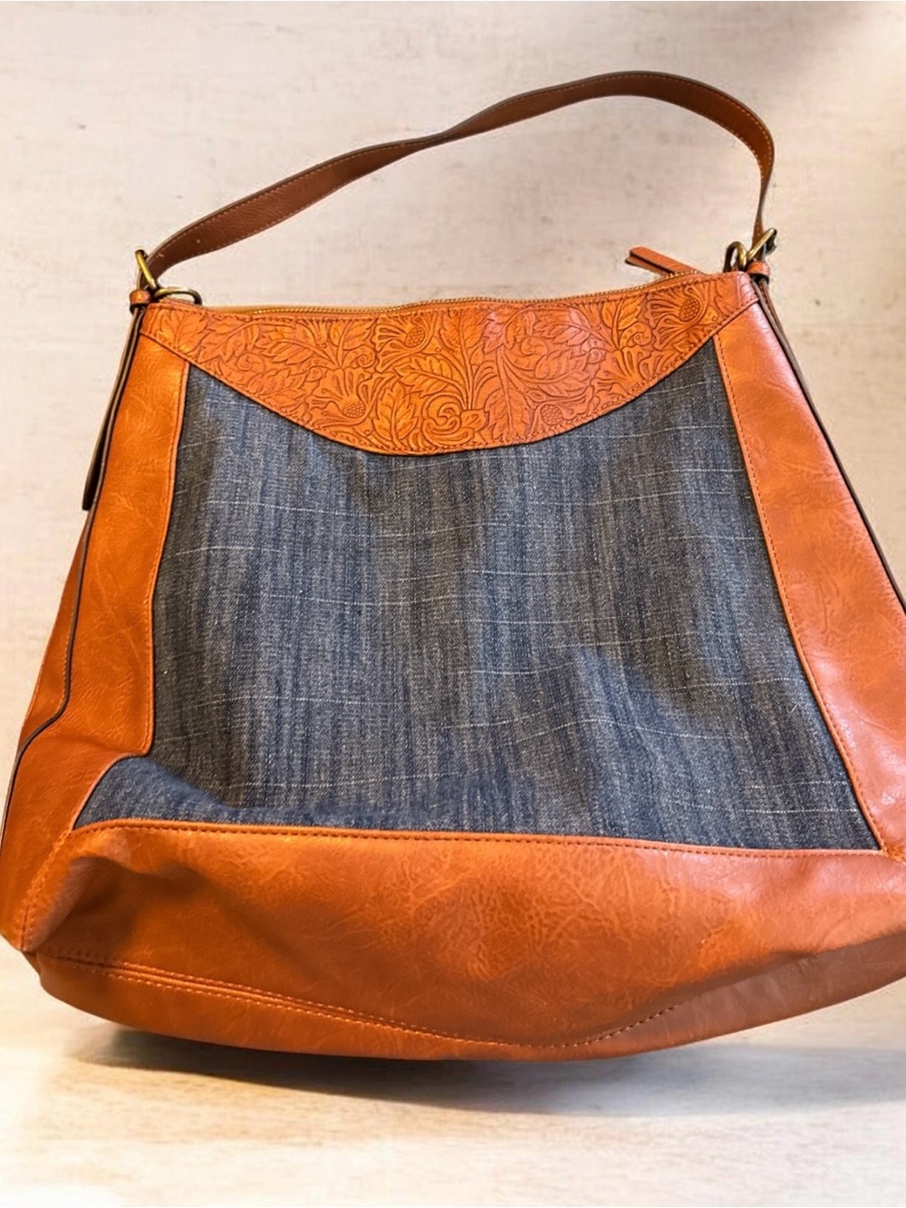 The Pioneer Woman Tan Leather-Trim Denim Shoulder Bag